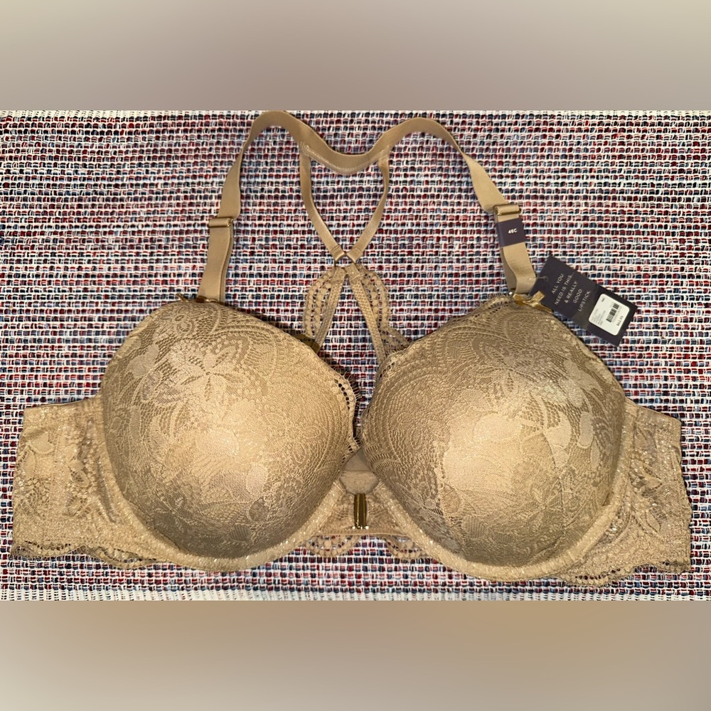 NEW Cacique Boost Plunge Racerback Front Closure Gold Lace Underwire Bra 46C NWT